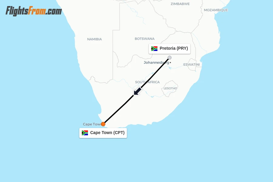 Flights from Pretoria to Cape Town route map