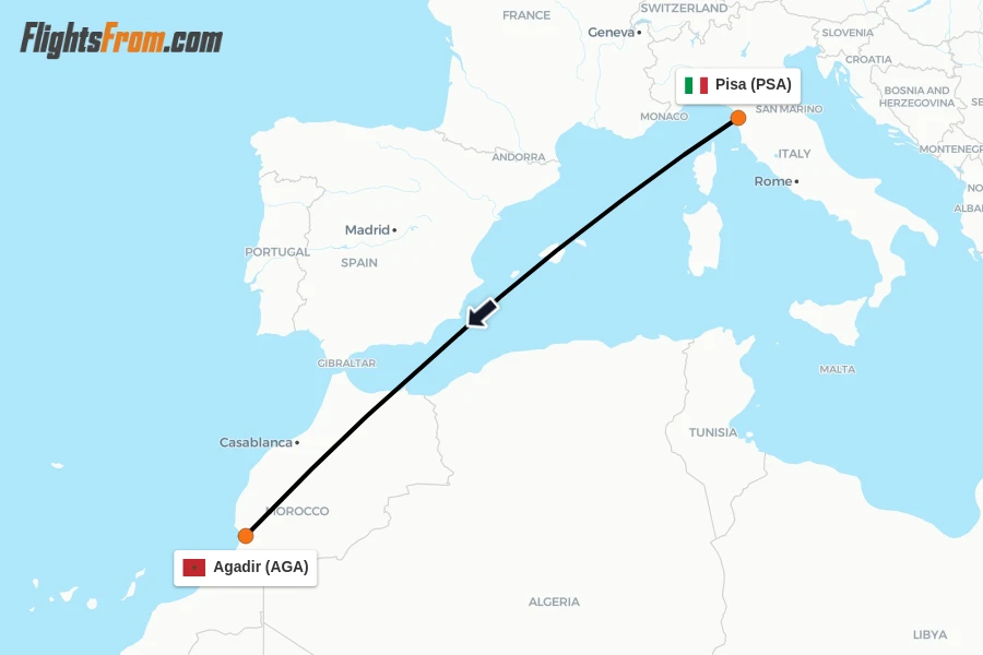 Flights from Pisa to Agadir route map