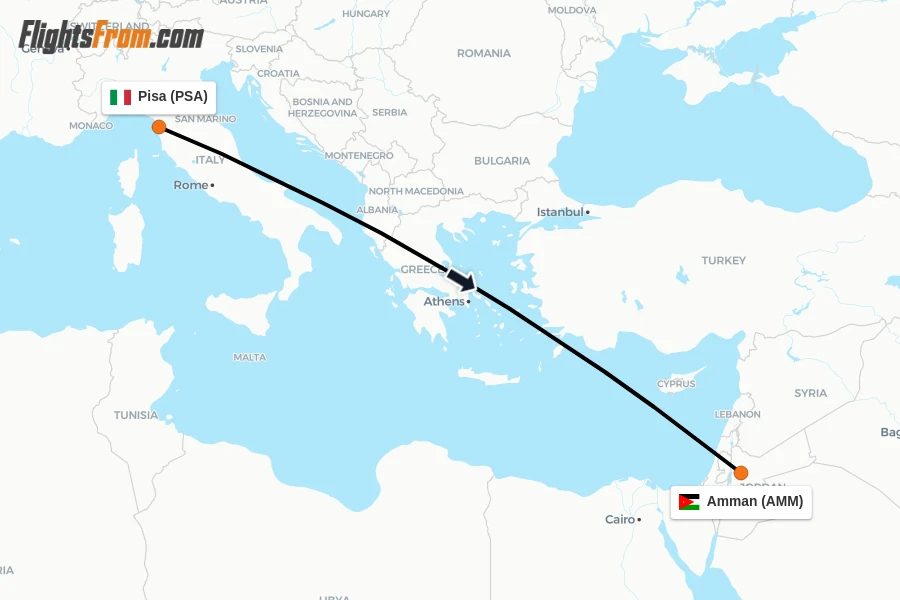 Flights from Pisa to Amman route map