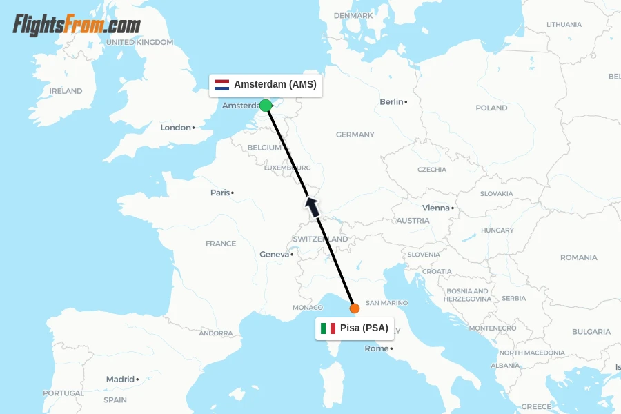 Flights from Pisa to Amsterdam route map