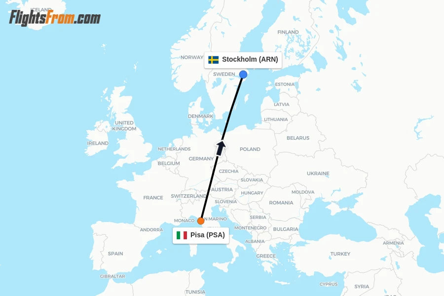 Flights from Pisa to Stockholm route map
