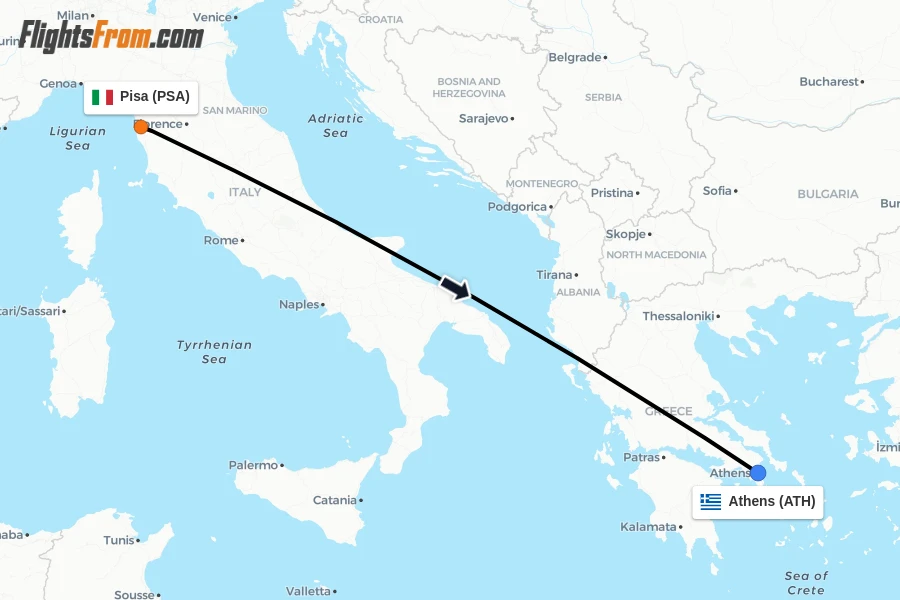 Flights from Pisa to Athens route map