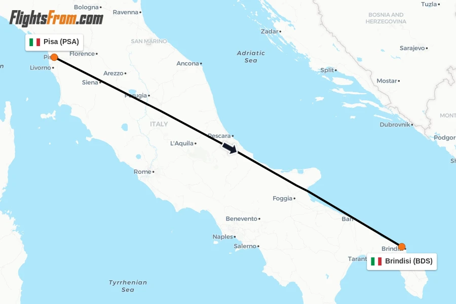 Flights from Pisa to Brindisi route map