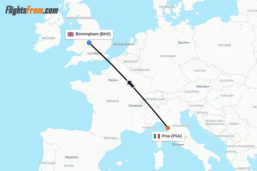 Flights from Pisa to Birmingham route map