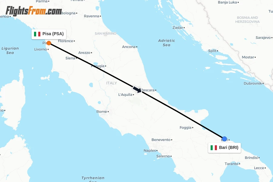 Flights from Pisa to Bari route map