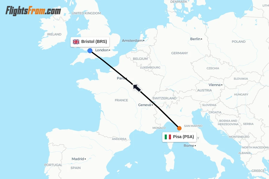 Flights from Pisa to Bristol route map