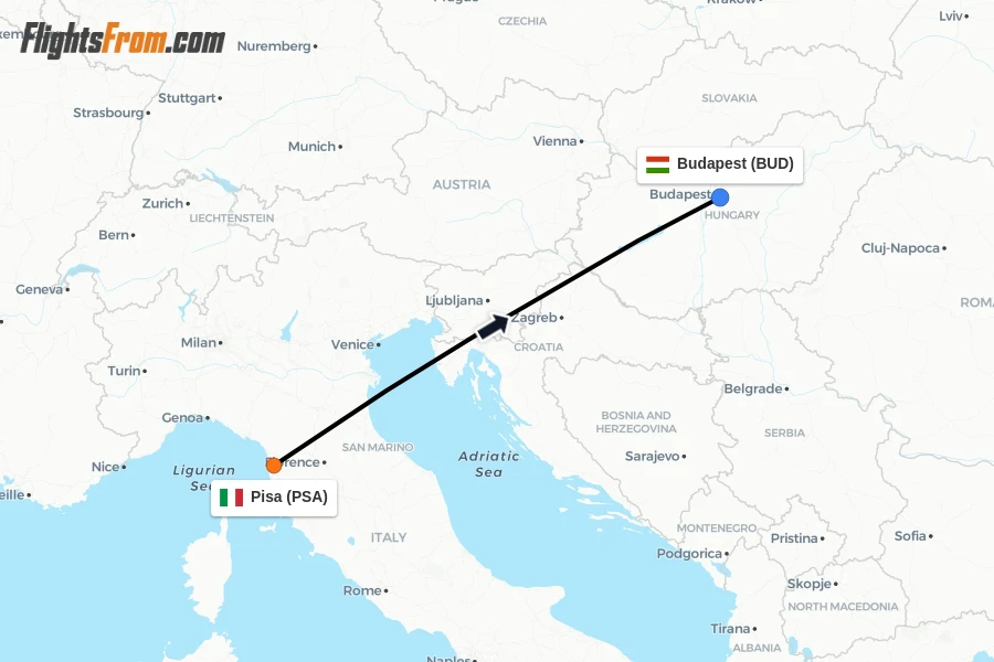 Flights from Pisa to Budapest route map