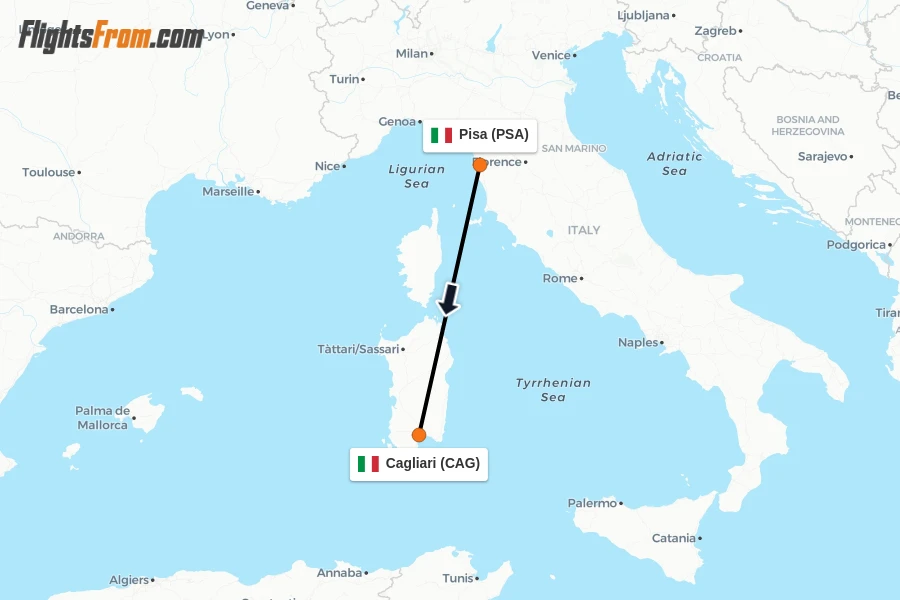 Flights from Pisa to Cagliari route map