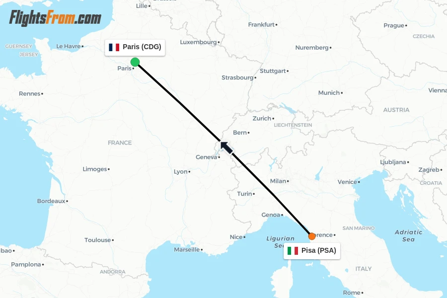 Flights from Pisa to Paris route map