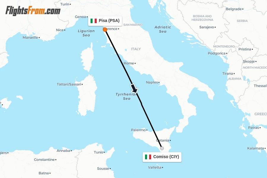 Flights from Pisa to Comiso route map