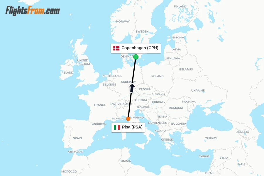 Flights from Pisa to Copenhagen route map