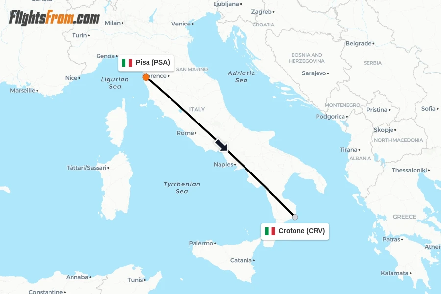 Flights from Pisa to Crotone route map