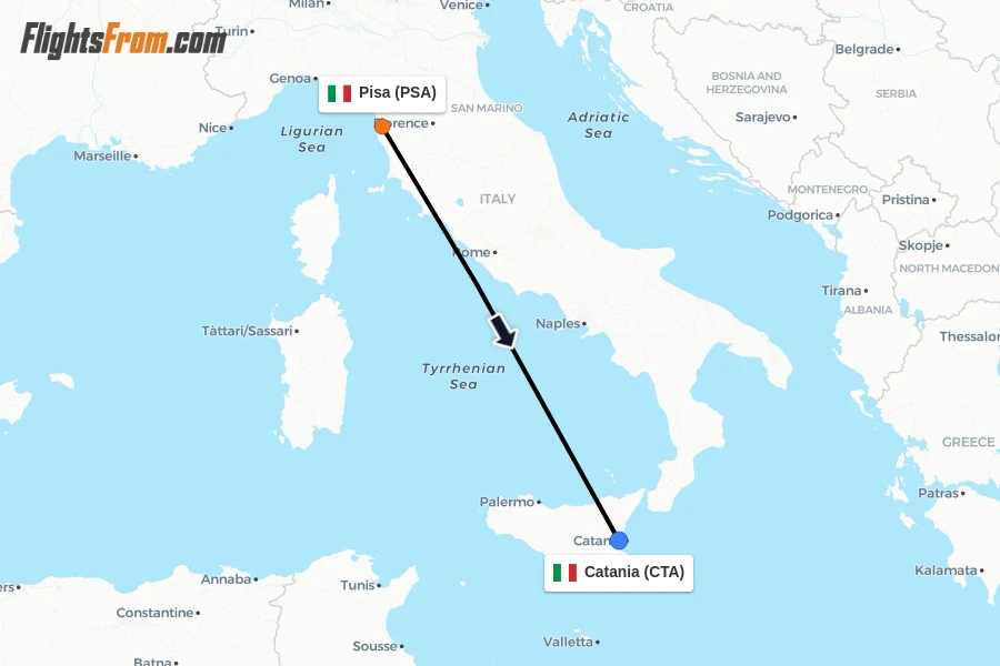 Flights from Pisa to Catania route map