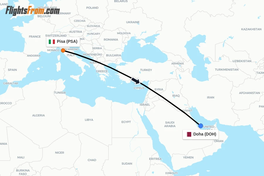 Flights from Pisa to Doha route map