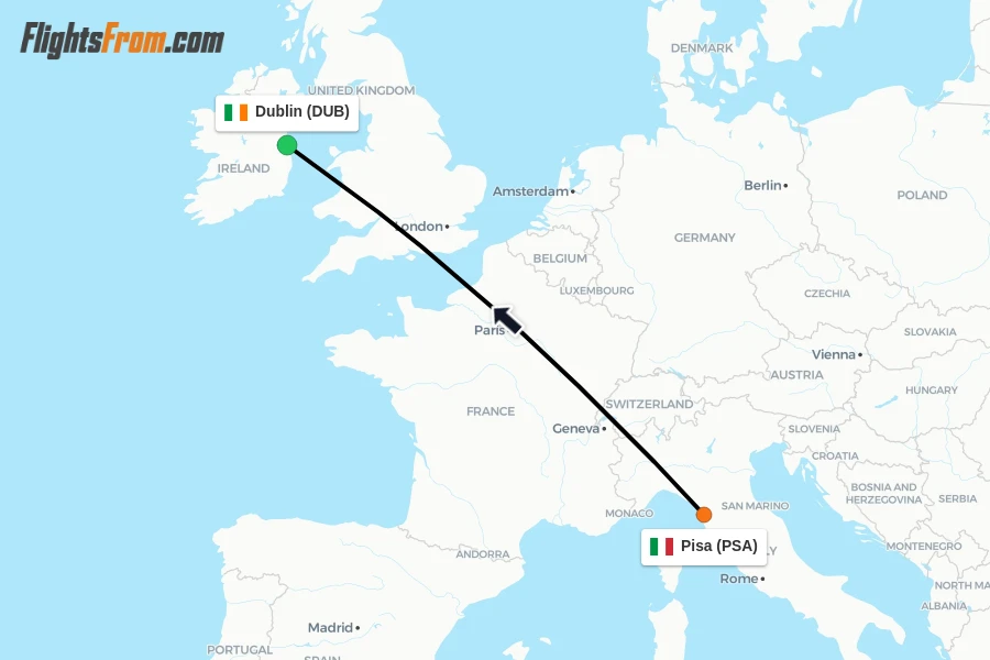 Flights from Pisa to Dublin route map