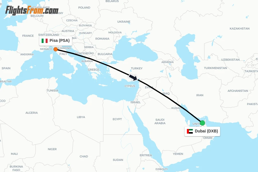 Flights from Pisa to Dubai route map