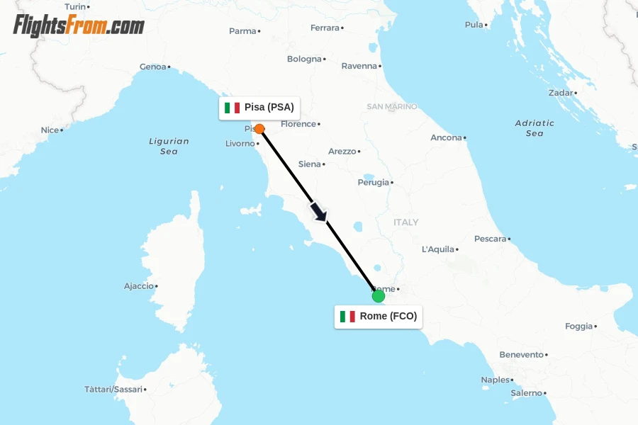 Flights from Pisa to Rome route map
