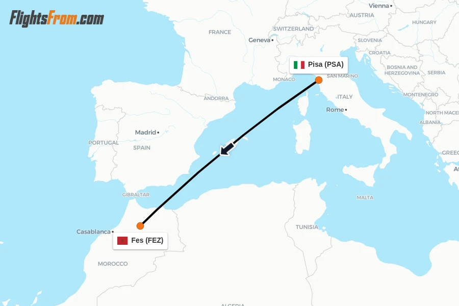 Flights from Pisa to Fes route map