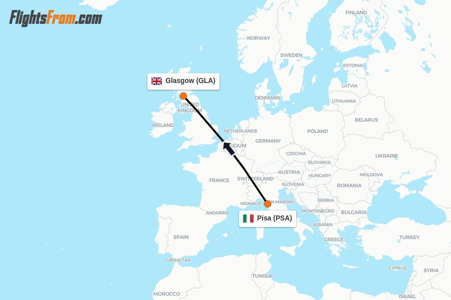 Flights from Pisa to Glasgow route map