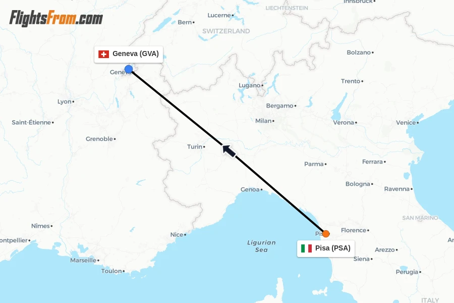 Flights from Pisa to Geneva route map