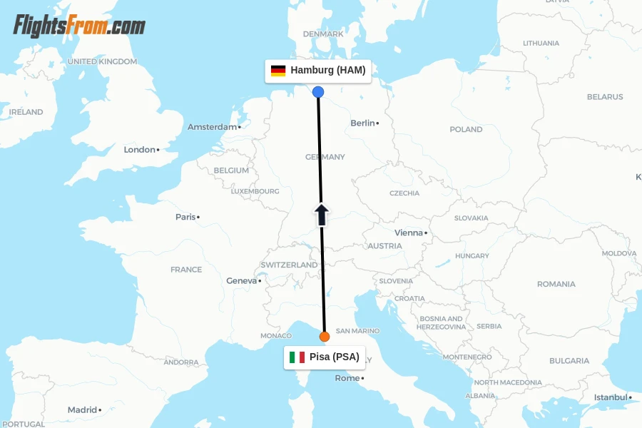 Flights from Pisa to Hamburg route map