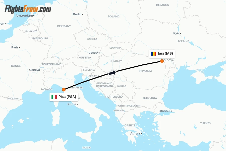 Flights from Pisa to Iasi route map