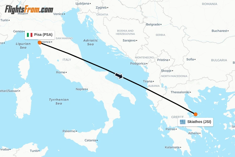Flights from Pisa to Skiathos route map