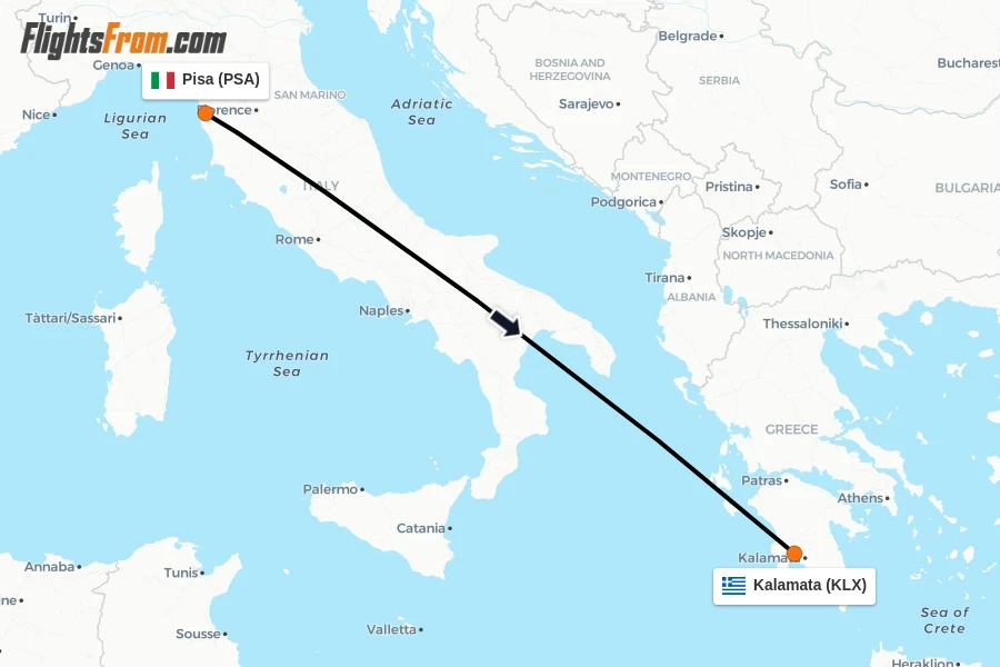 Flights from Pisa to Kalamata route map