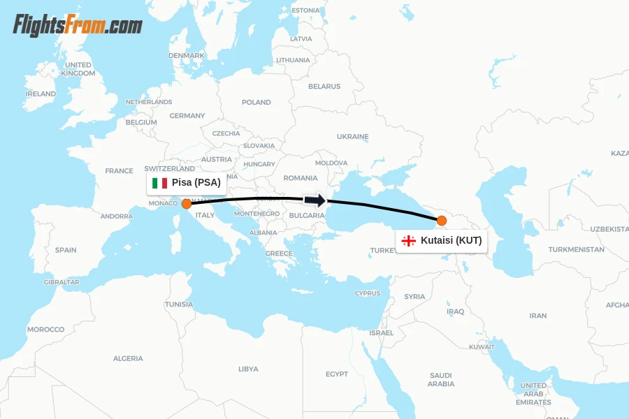 Flights from Pisa to Kutaisi route map