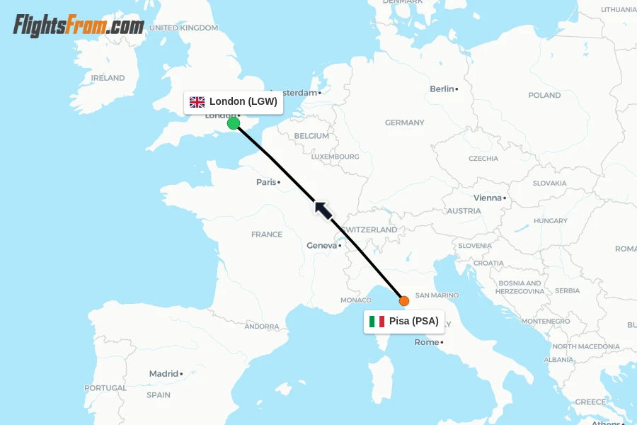 Flights from Pisa to London route map