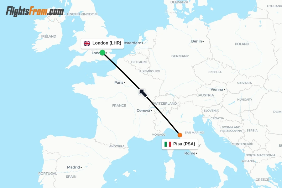 Flights from Pisa to London route map
