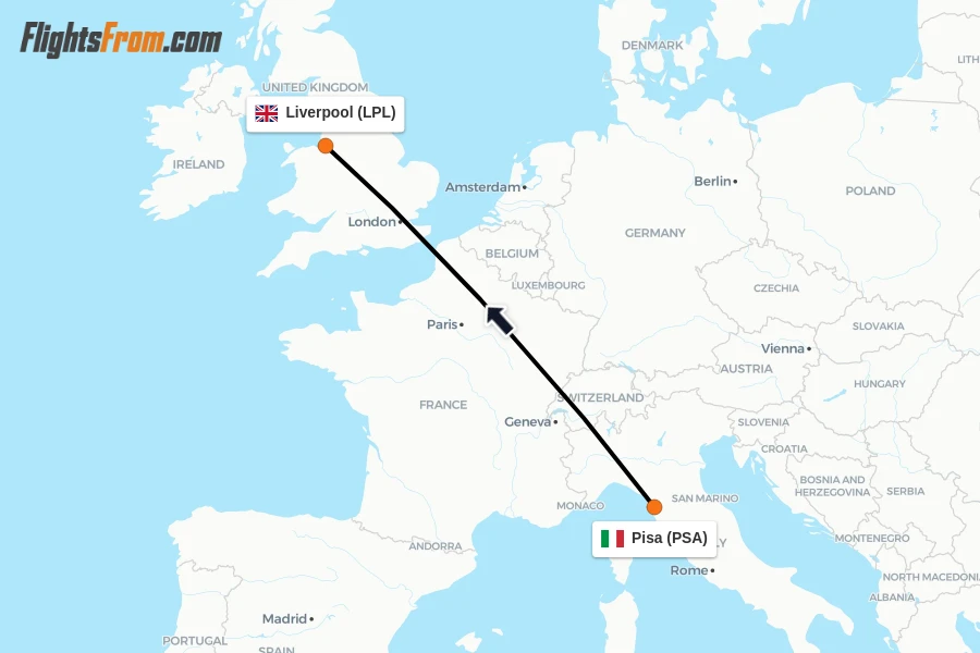 Flights from Pisa to Liverpool route map