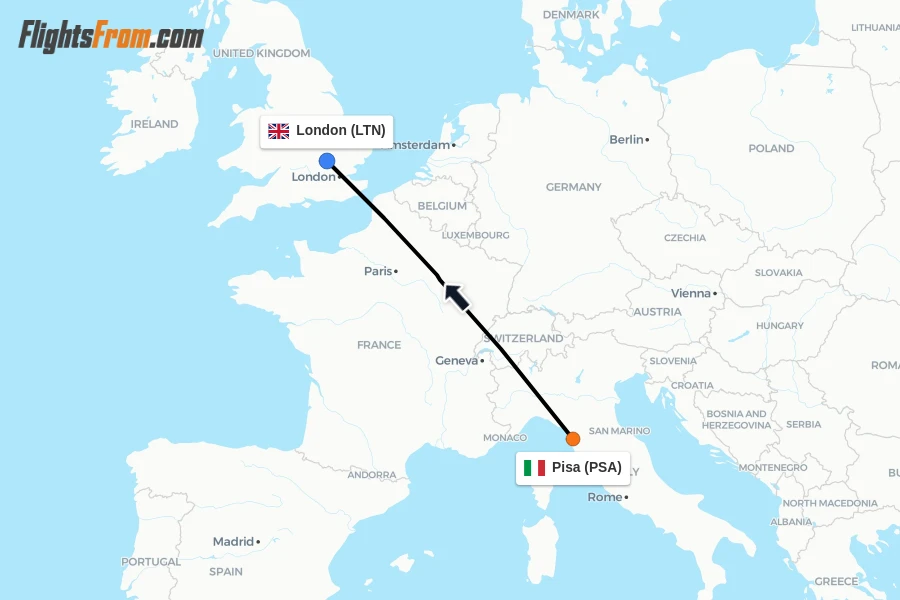 Flights from Pisa to London route map