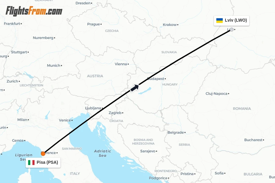 Flights from Pisa to Lviv route map