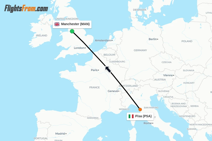 Flights from Pisa to Manchester route map