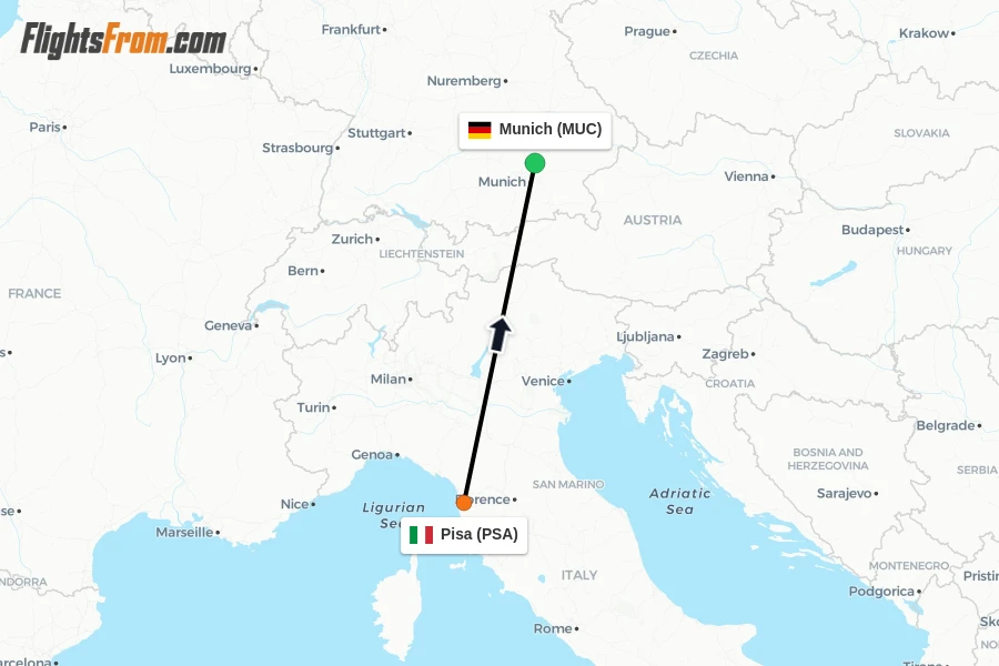 Flights from Pisa to Munich route map