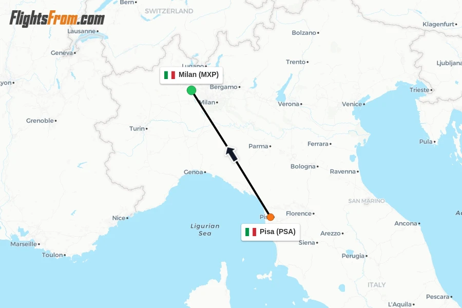 Flights from Pisa to Milan route map