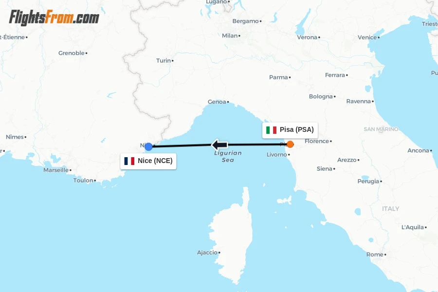 Flights from Pisa to Nice route map