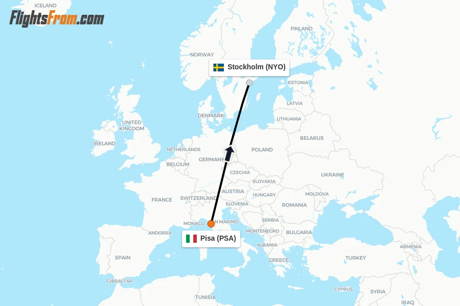 Flights from Pisa to Stockholm route map