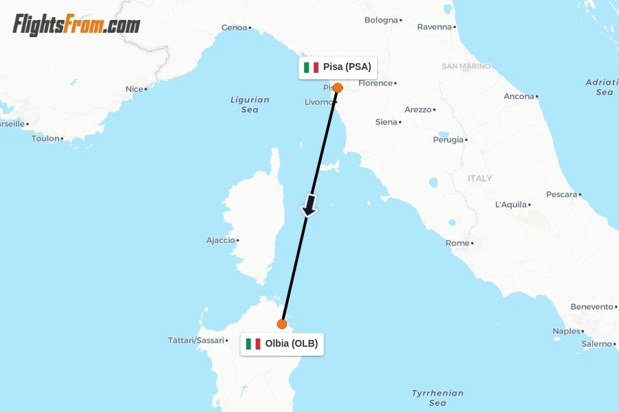 Flights from Pisa to Olbia route map
