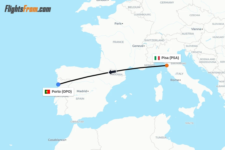 Flights from Pisa to Porto route map