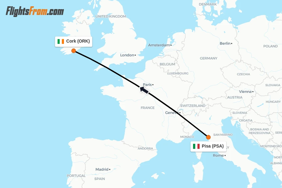Flights from Pisa to Cork route map
