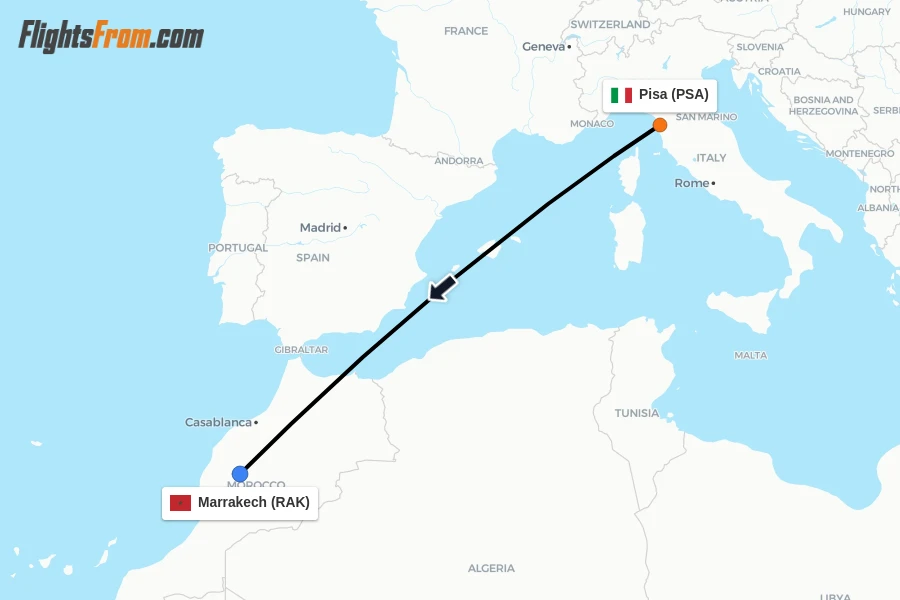 Flights from Pisa to Marrakech route map