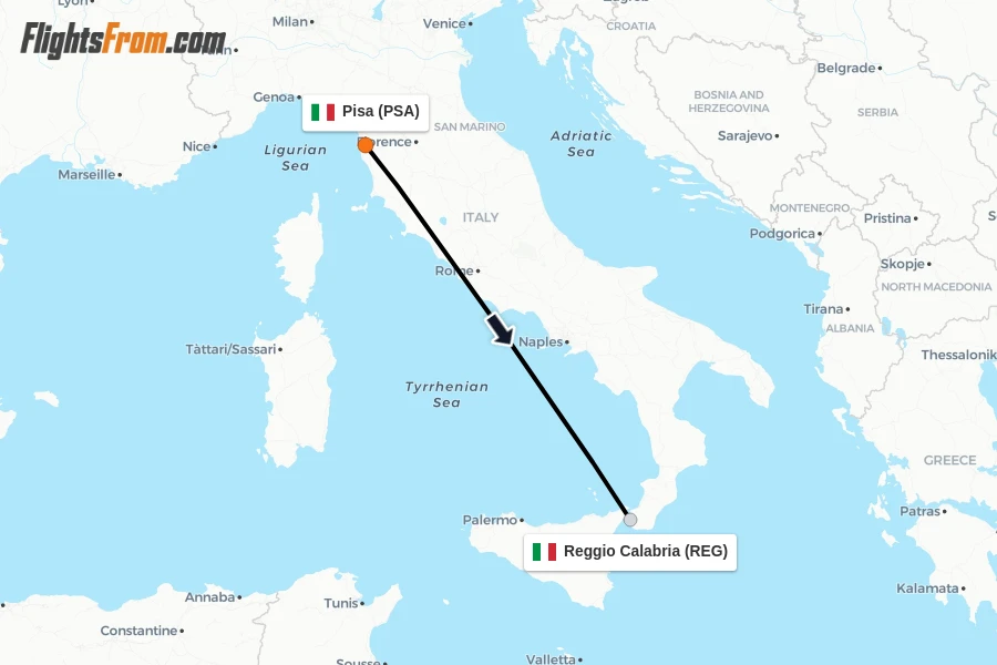 Flights from Pisa to Reggio Calabria route map