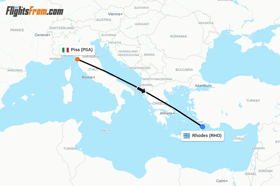 Flights from Pisa to Rhodes route map