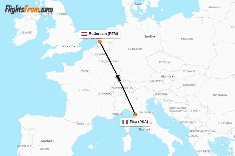 Flights from Pisa to Rotterdam route map