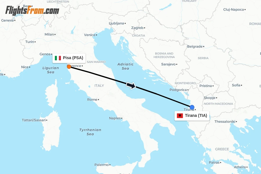 Flights from Pisa to Tirana route map