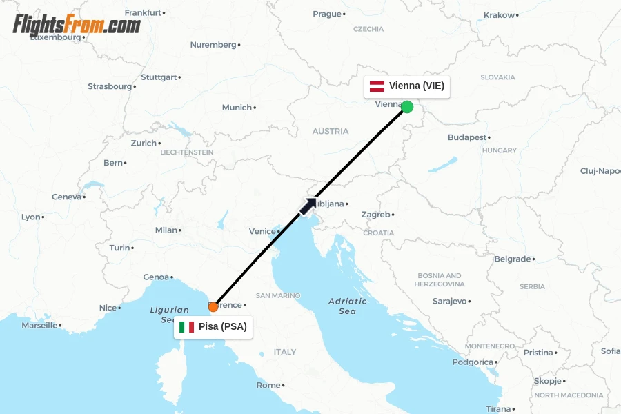 Flights from Pisa to Vienna route map
