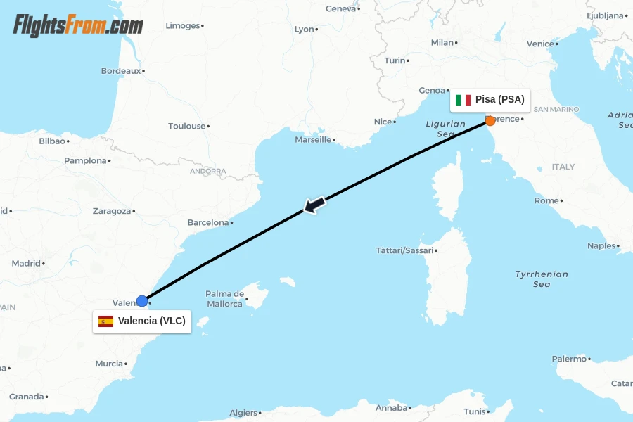Flights from Pisa to Valencia route map