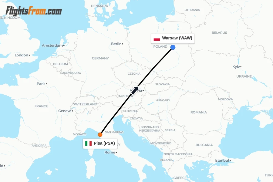 Flights from Pisa to Warsaw route map